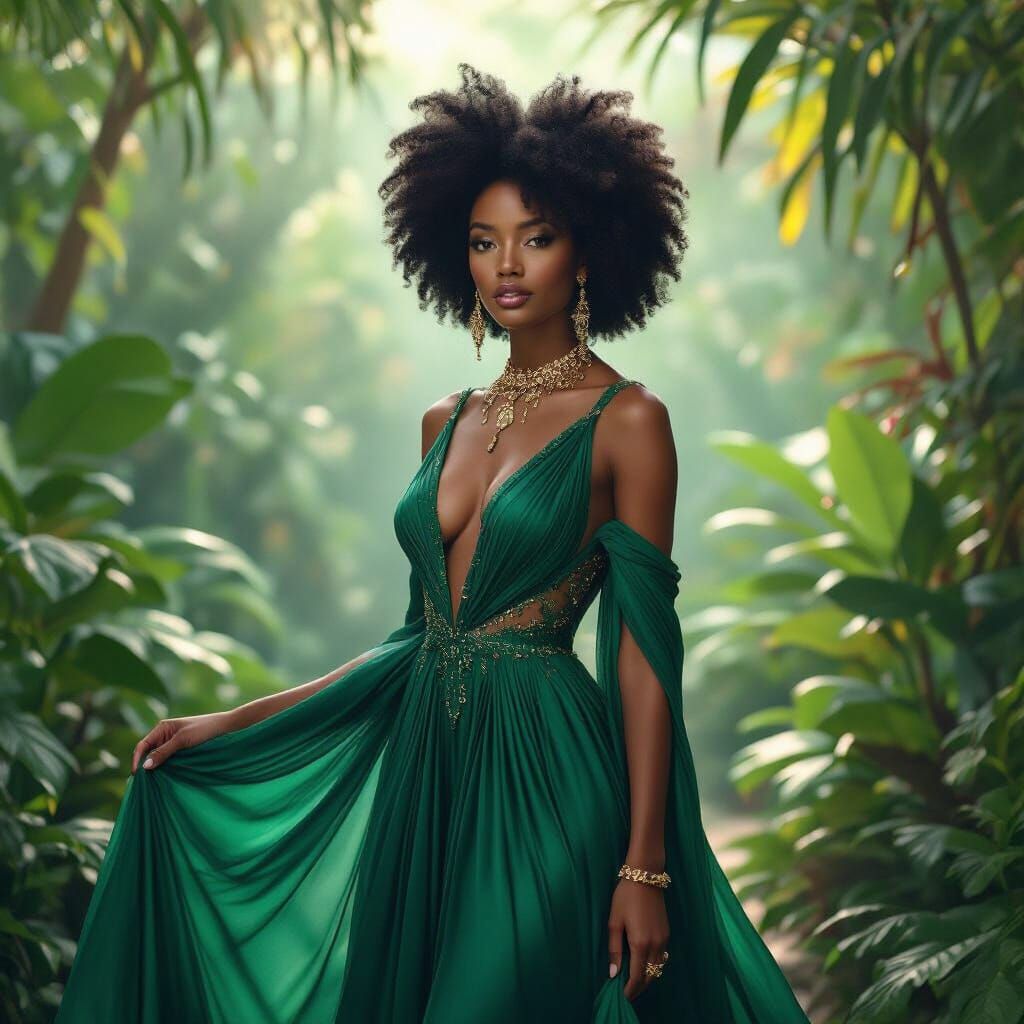 Black Woman with Afro in Emerald Gown, Hyperrealistic Portra...
