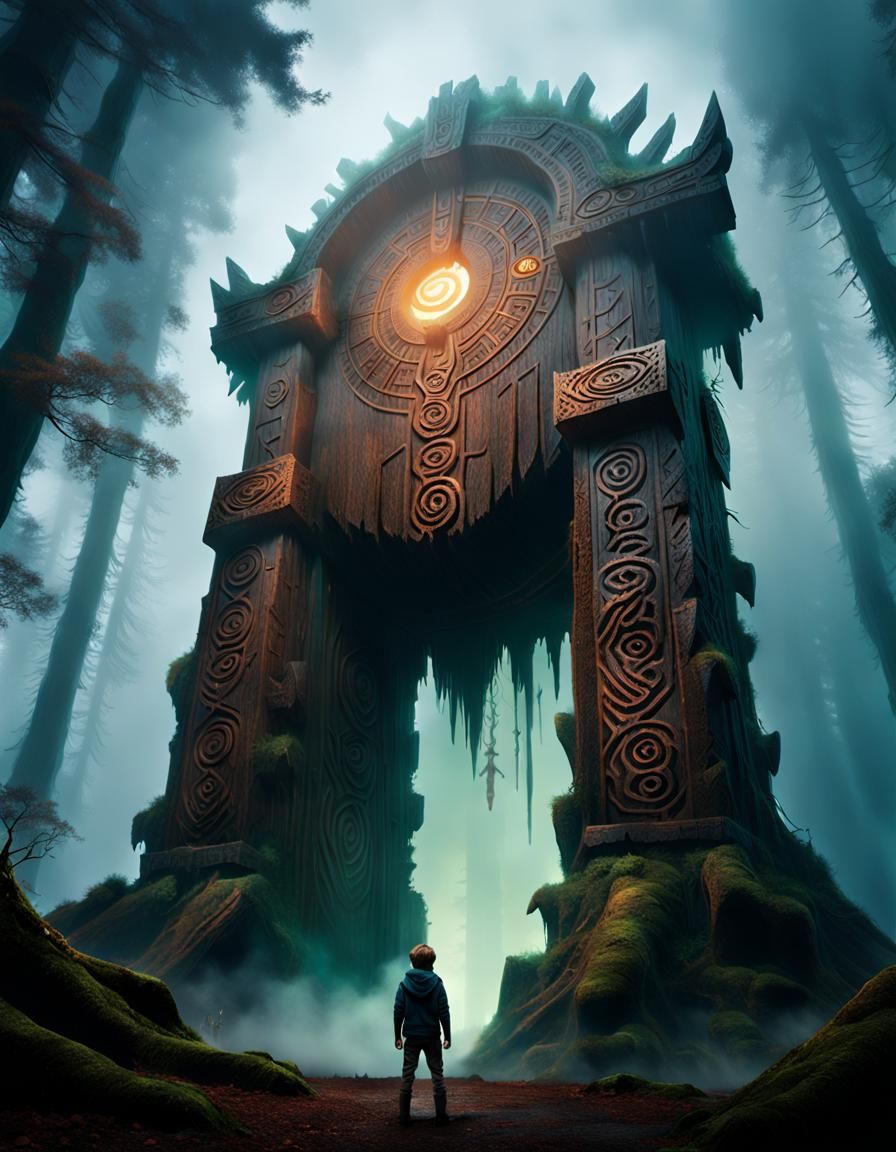 Boy Confronts Wooden Monster in Mystic Forest