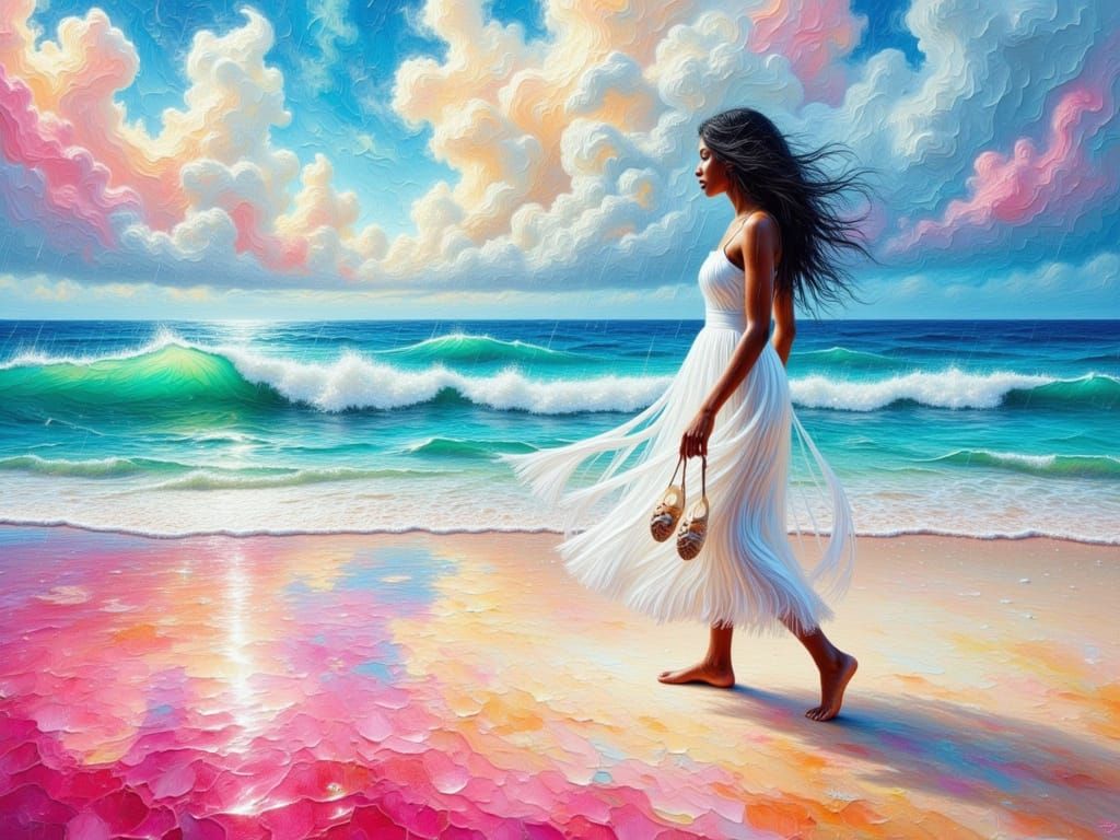 Coral Beach Impression in Impasto Style