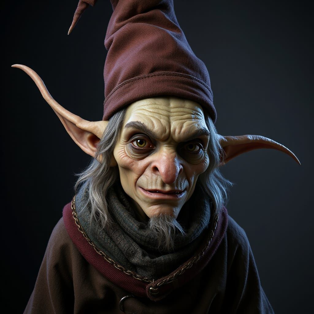 Surreal Goblin Figure with Pointed Ears and Tall Hat