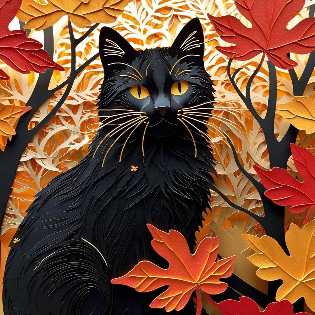 Black Cat in Autumn Leaves: Paper Collage Art