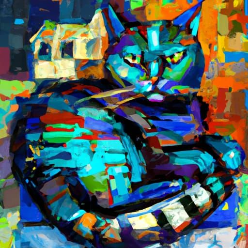 Neo-Cubist Feline Masterpiece in Vibrant Geometric Colors
