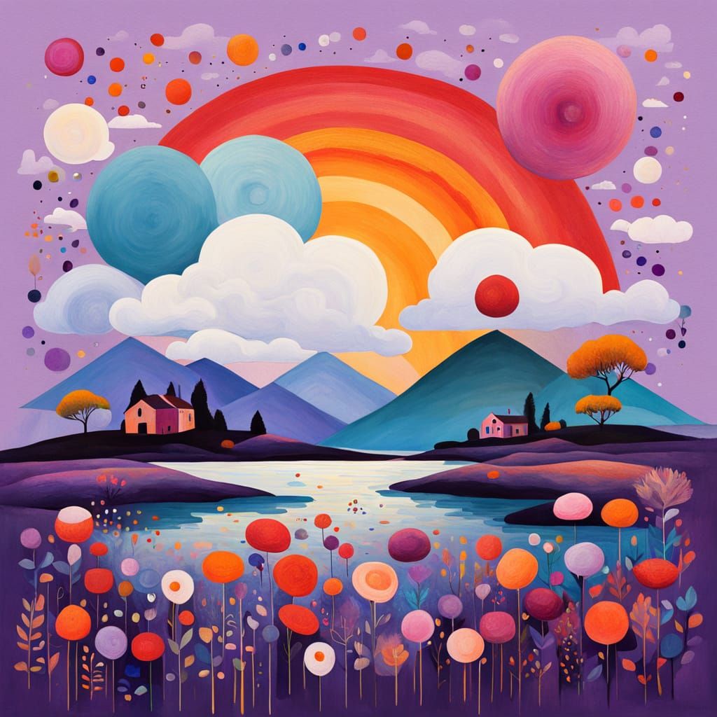 Surreal Blooms and Rainbow Clouds in Folk Art Style