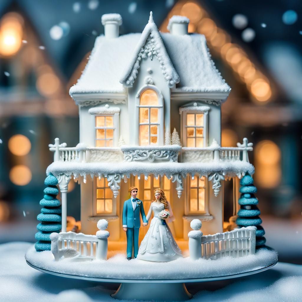 Wedding Cake House with Bride and Groom Figurines