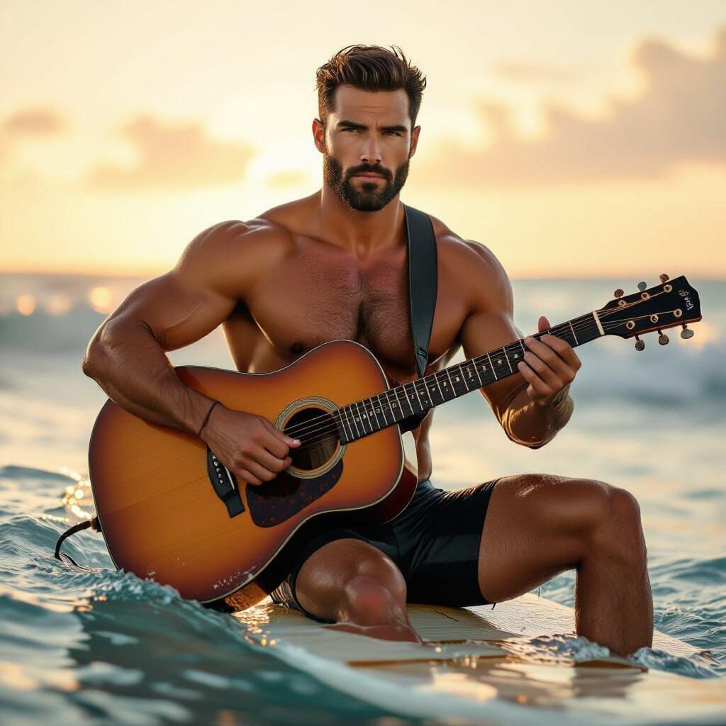 Alpha Male Model on Surfboard with Guitar