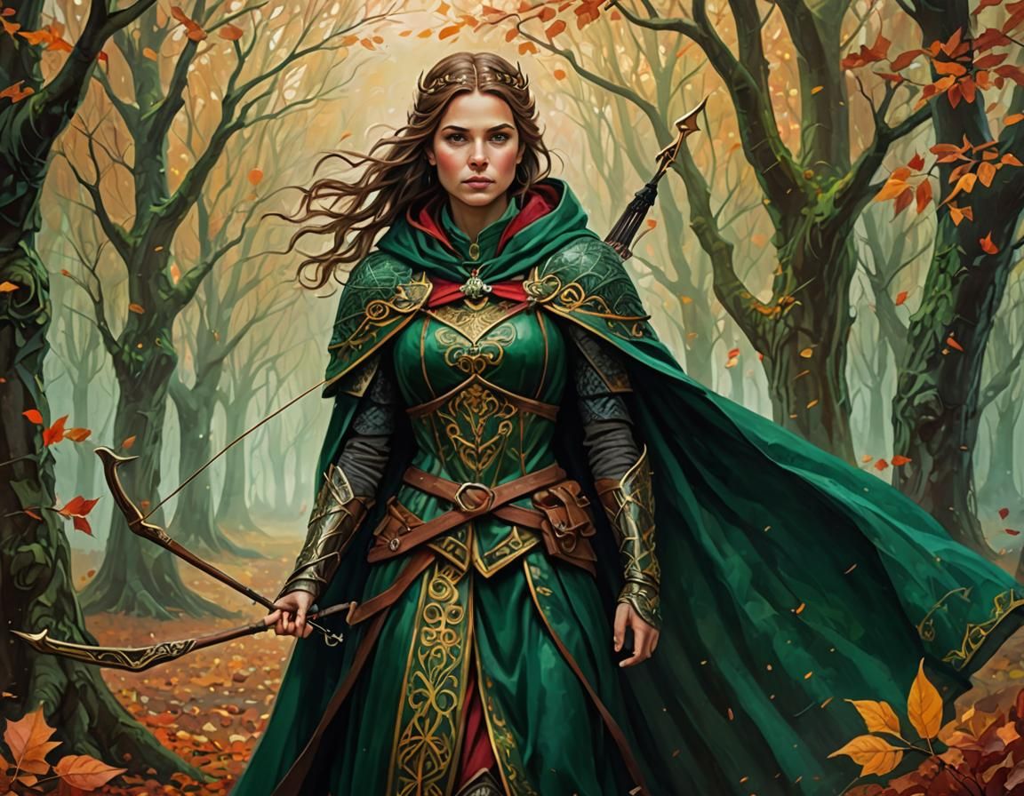 Archer Princess in Misty Irish Forest, Oil Painting