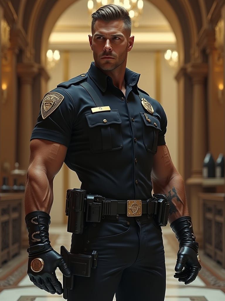 Futuristic Tactical Gentleman in Opulent Lobby