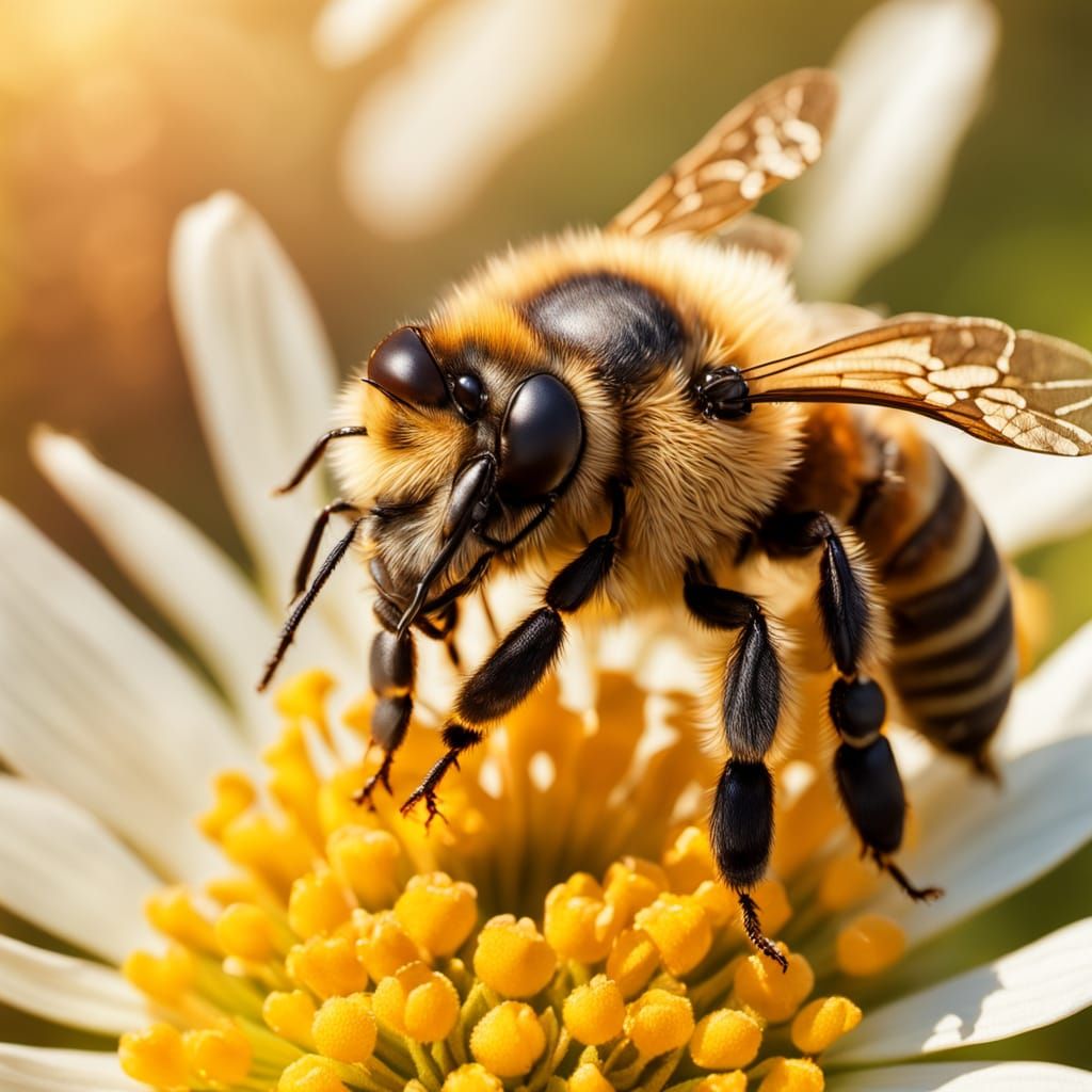 Macro Bee on Flower: Photorealistic Digital Art