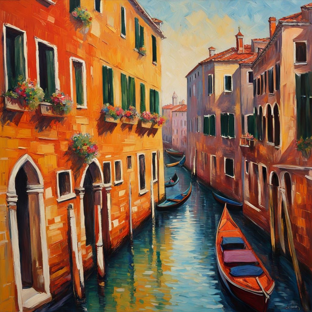 Venice Canals in Neo-Impressionist Impasto Style
