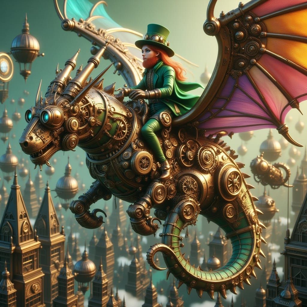 Steampunk Leprechaun Riding a Mechanical Rainbow Dragon