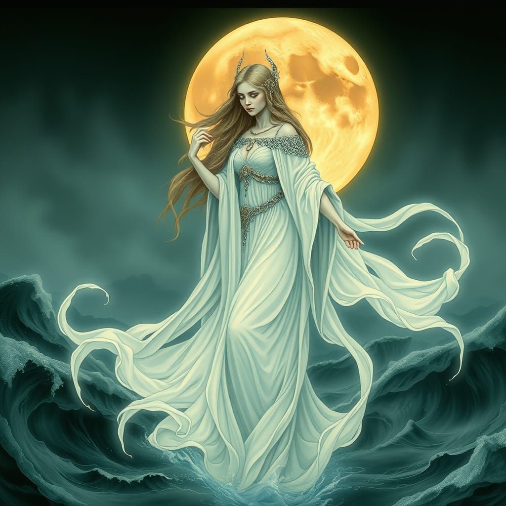 Celtic Goddess Emerges from Misty Sea in Art Nouveau