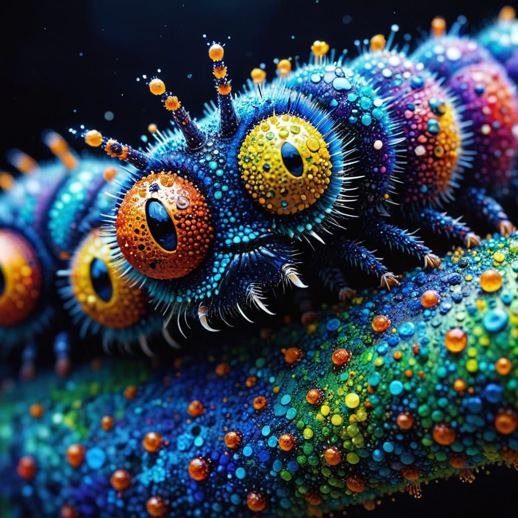 Pointillist Caterpillar Close-Up in Shimmering Light