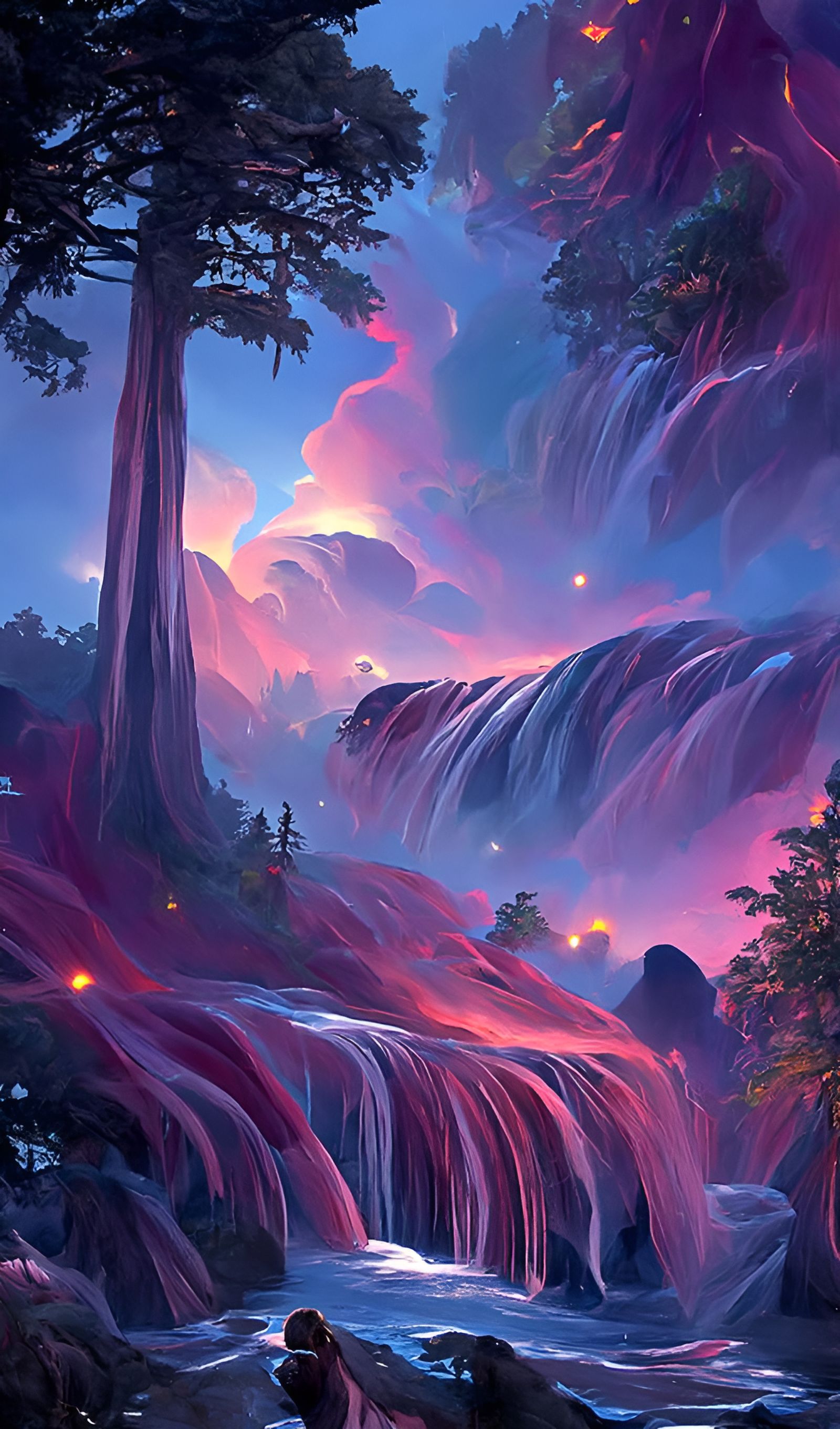 Night Waterfall in Psychedelic Surrealism Style