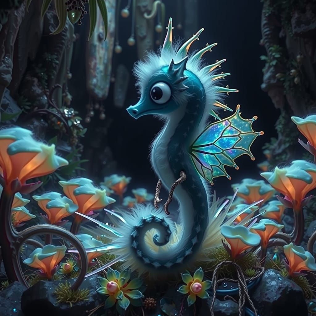 Iridescent Seahorse with Wings in Crystal Cave