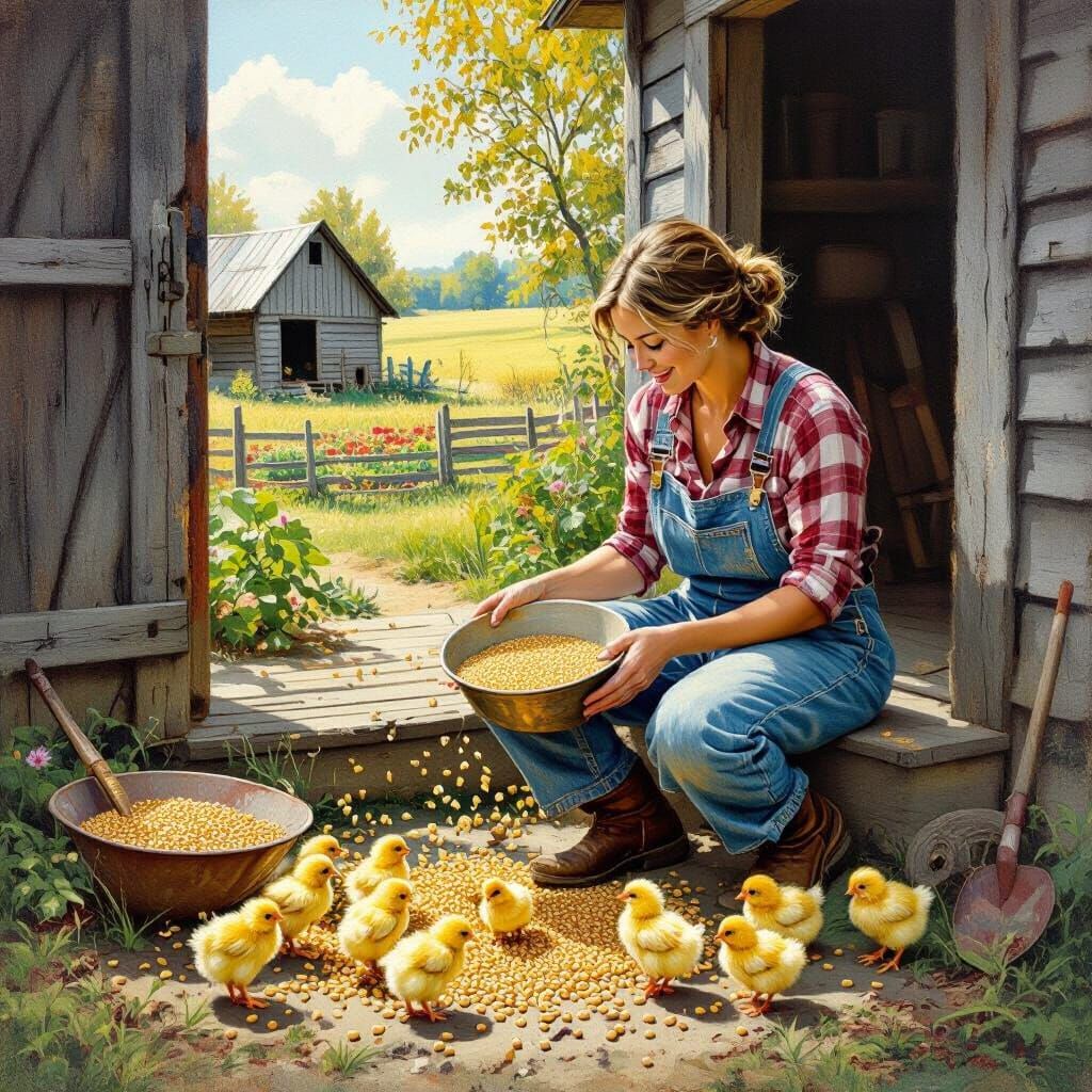 Farmyard Scene: Farmer's Wife Feeding Yellow Chicks