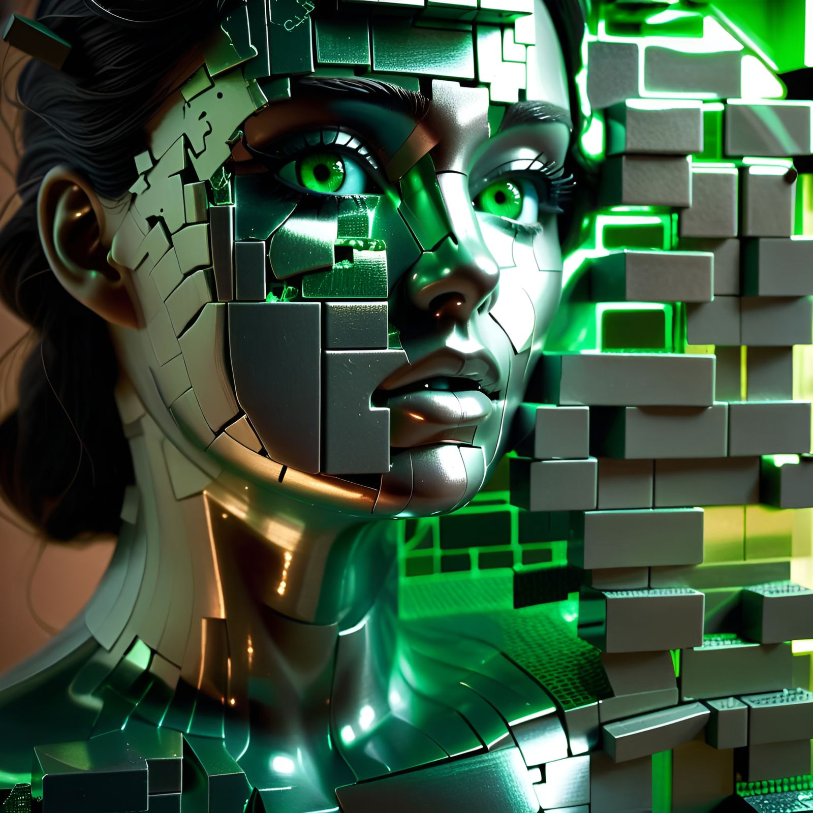 Metallic Woman with Shattered Face in Hyperreal 3D