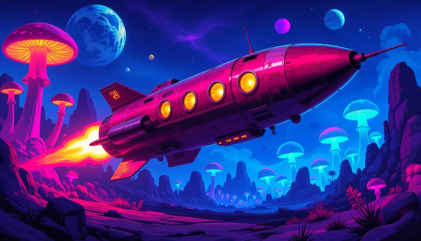 Cyberpunk Rocketship on Neon Planet in Sci-Fi Art