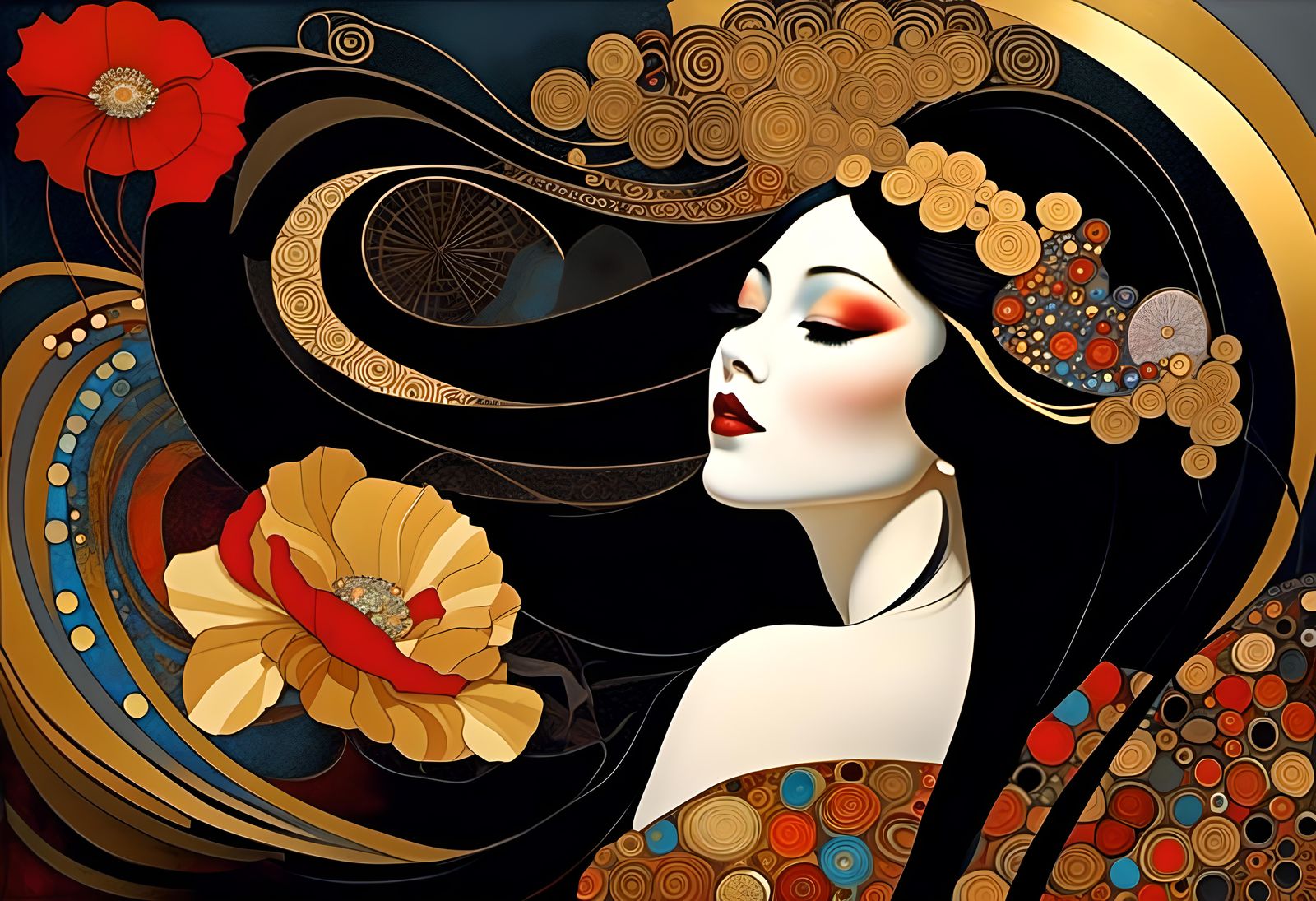 Geisha Portrait in Klimt-Inspired Symbolist Style
