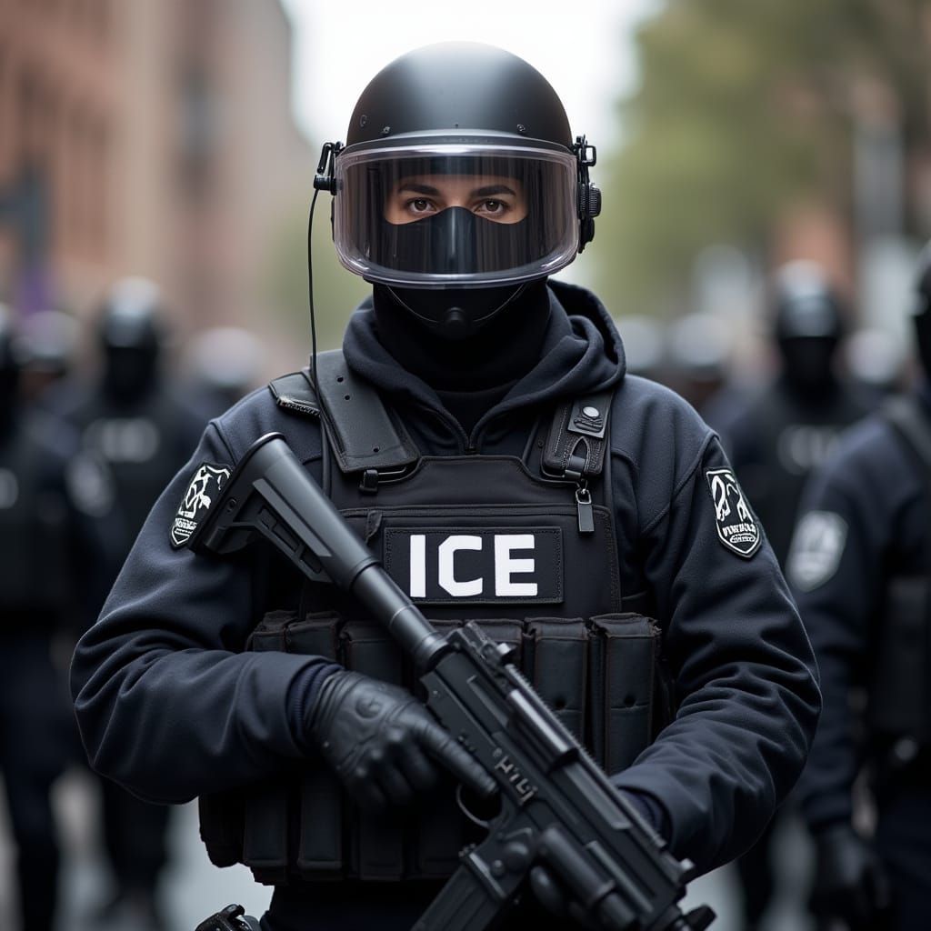 Masked ICE Agent in Riot Gear: Hyper-Realistic Urban Scene