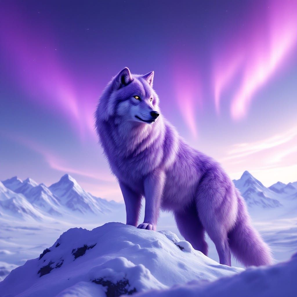 Majestic Purple Arctic Wolf Under a Vibrant Aurora