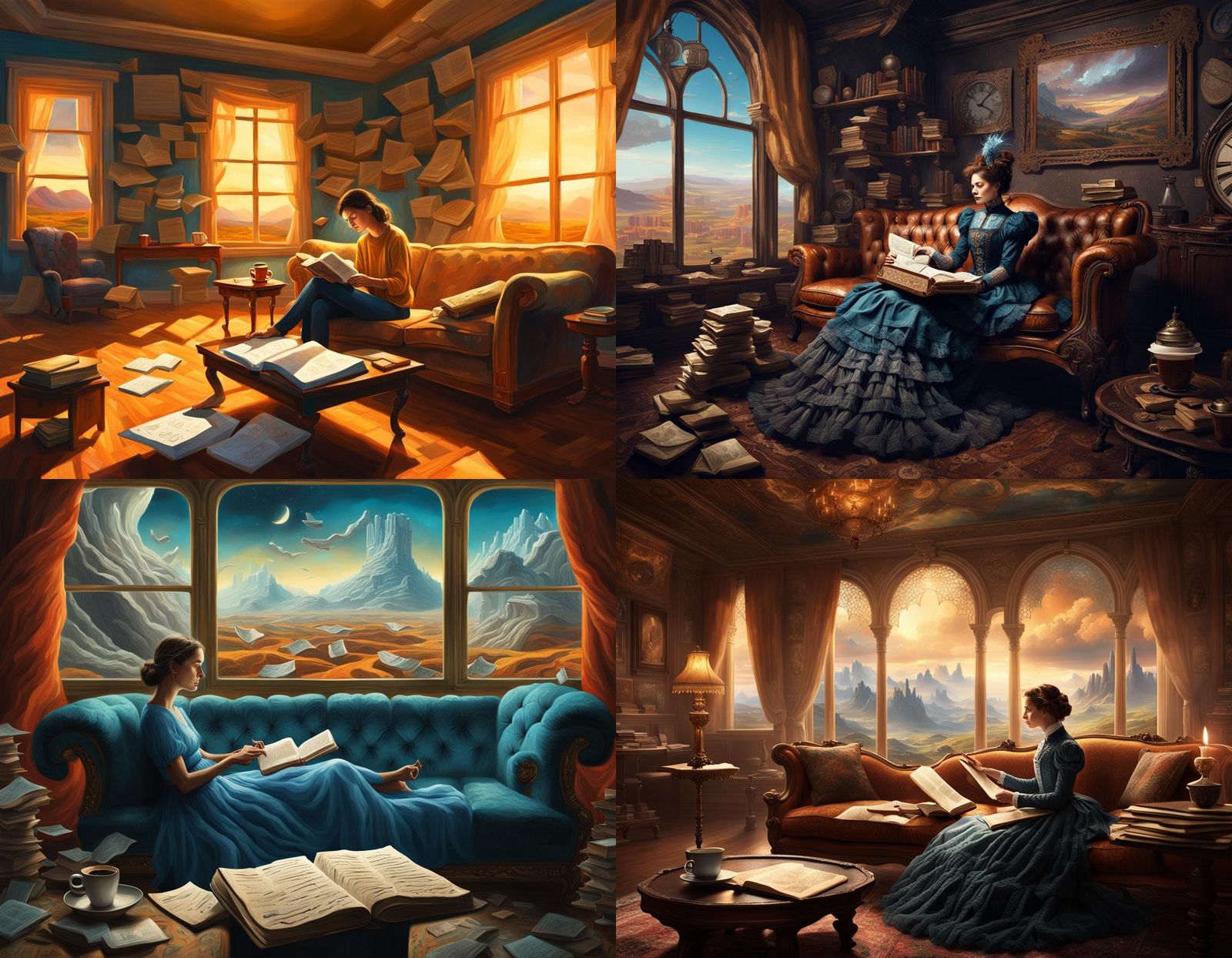 Surreal Steampunk Dreamscape with Woman on Couch