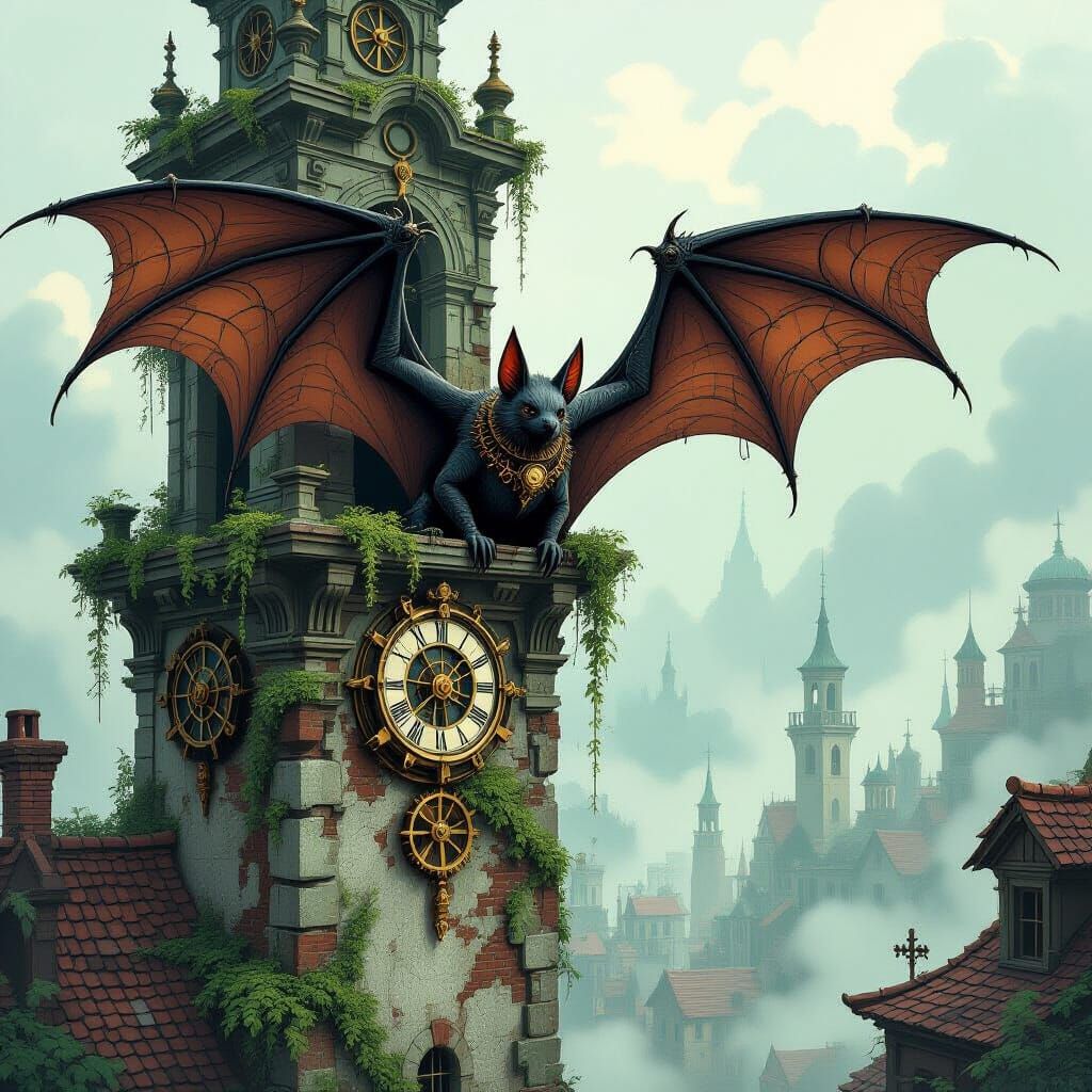 Steampunk Bat on Ancient Clockwork Tower