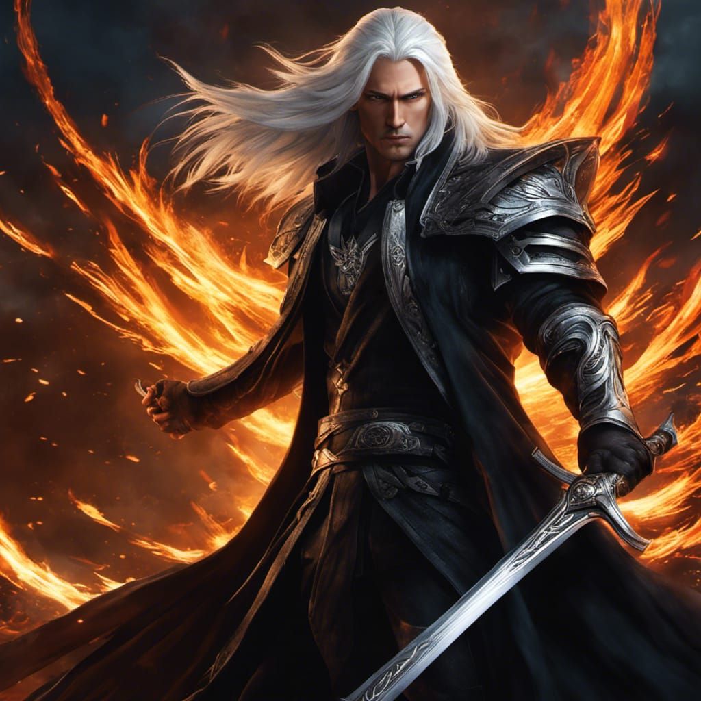 Fierce Elf Wizard Bladesinger with Blazing Katana