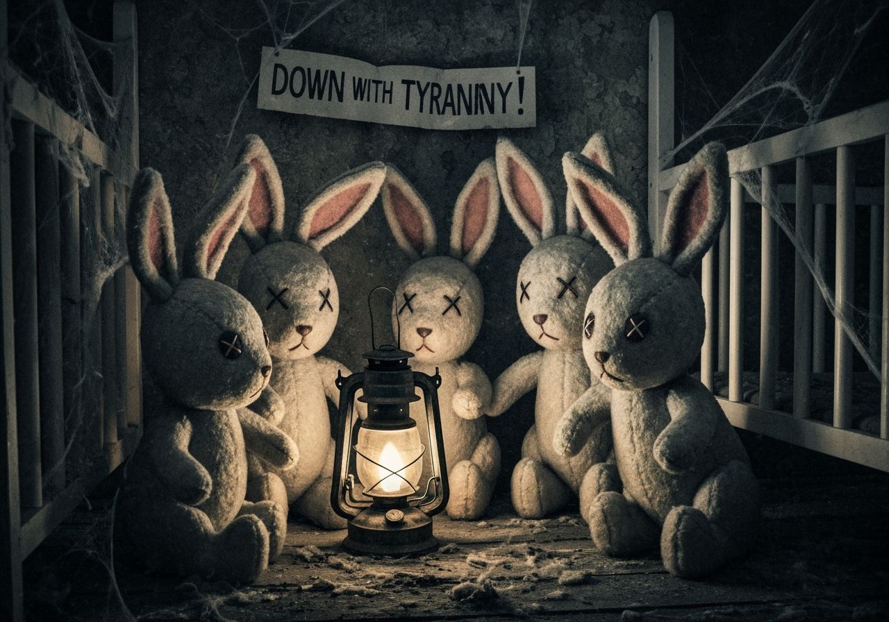 Creepy Vintage Rabbits Plotting Revenge by Lantern Light