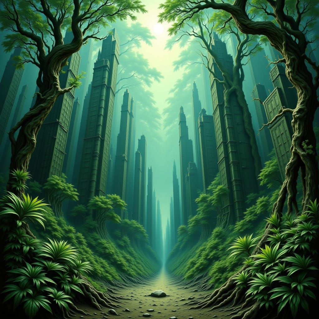 Lost City Metropolis Reclaimed by Jungle in Digital Painting...
