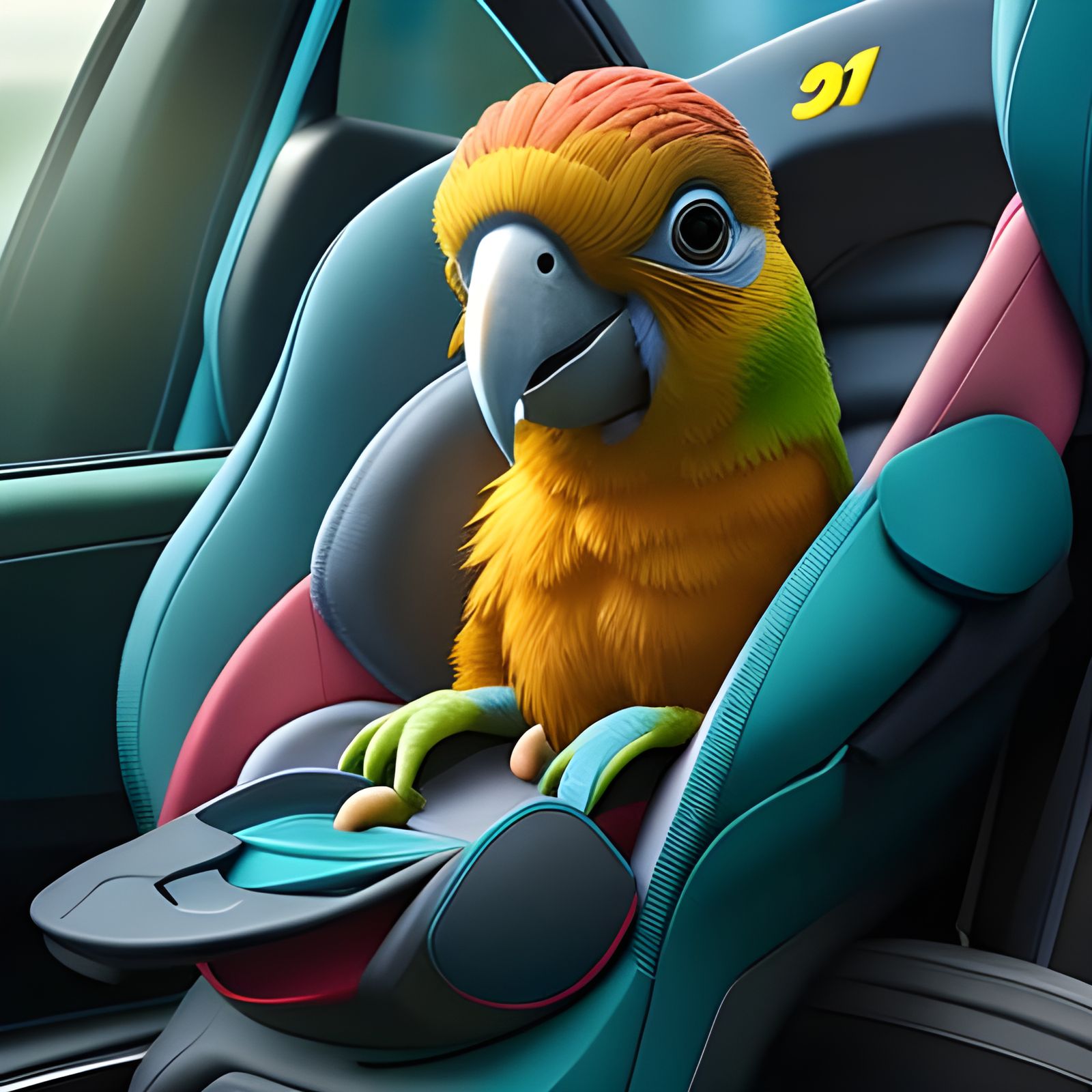 Adorable Baby Parrot in Car Seat: 3D Render