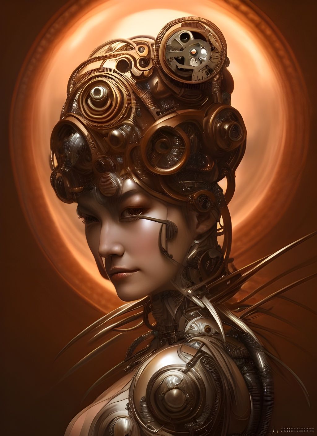 Steampunk Cyborg Goddess Portrait in Japanese Wood Carving S...