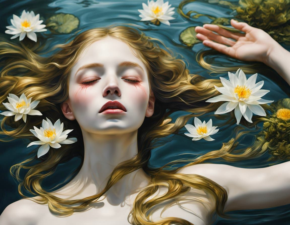 Ophelia in Pond, Surreal Oil Painting