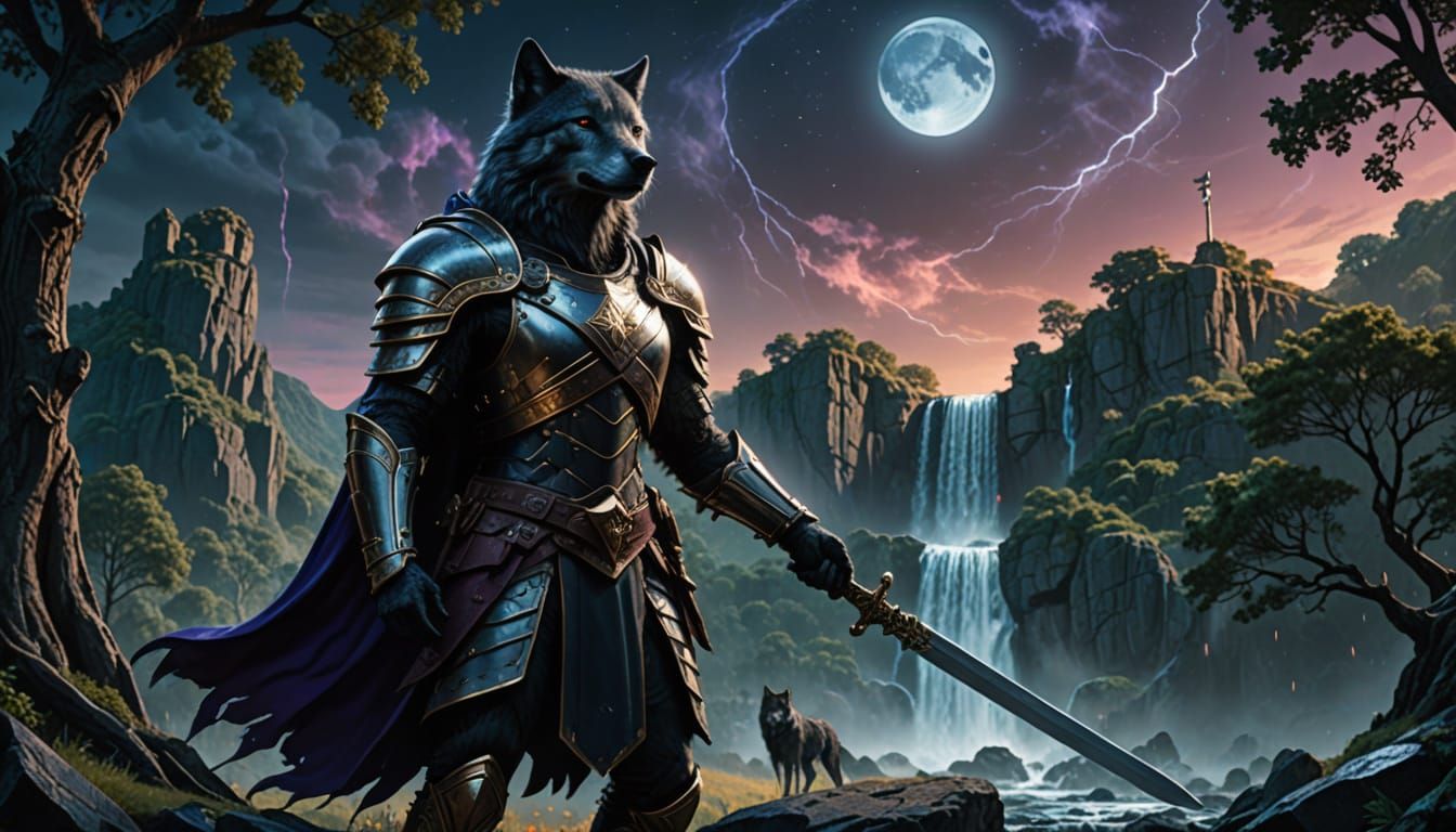 Wolf Valkyrie with Sword in Fantasy Landscape