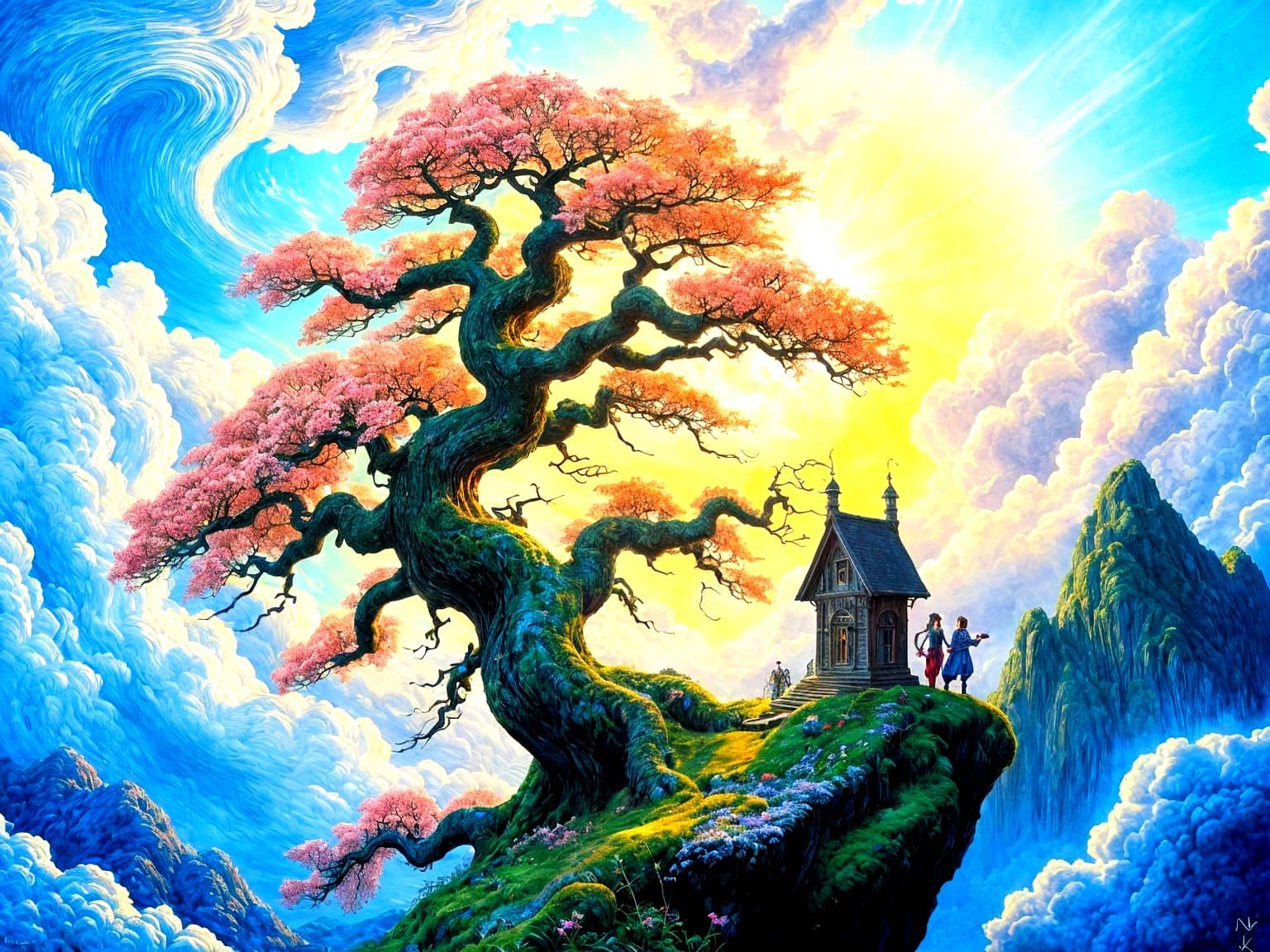 Clockpunk Village in Bonsai, Hyperrealistic Gouache Painting