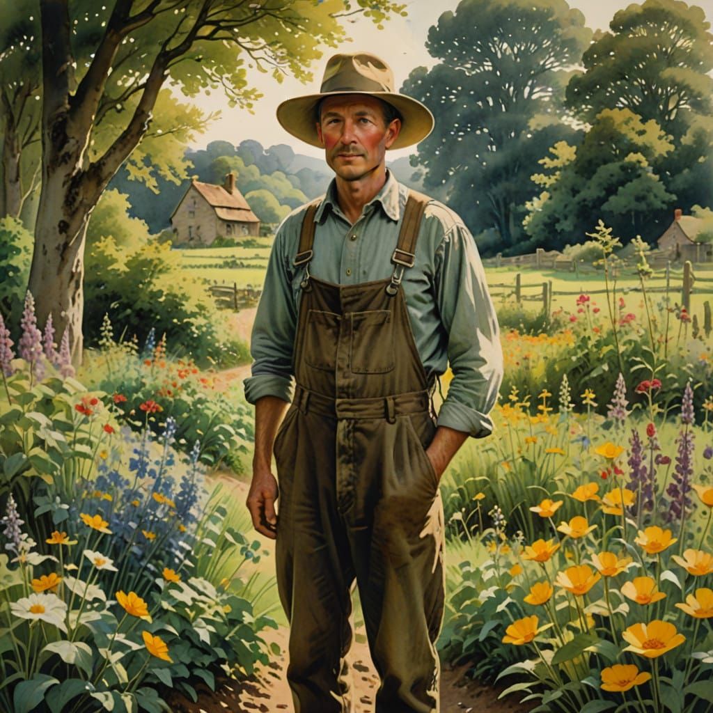 Serene Farmer Surrounded by Vibrant Garden