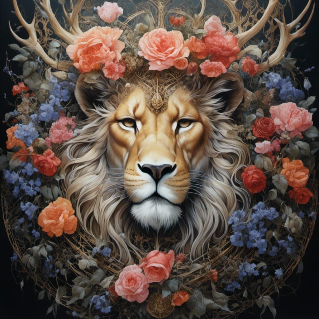 Majestic Lion Portrait with Flora and Fauna