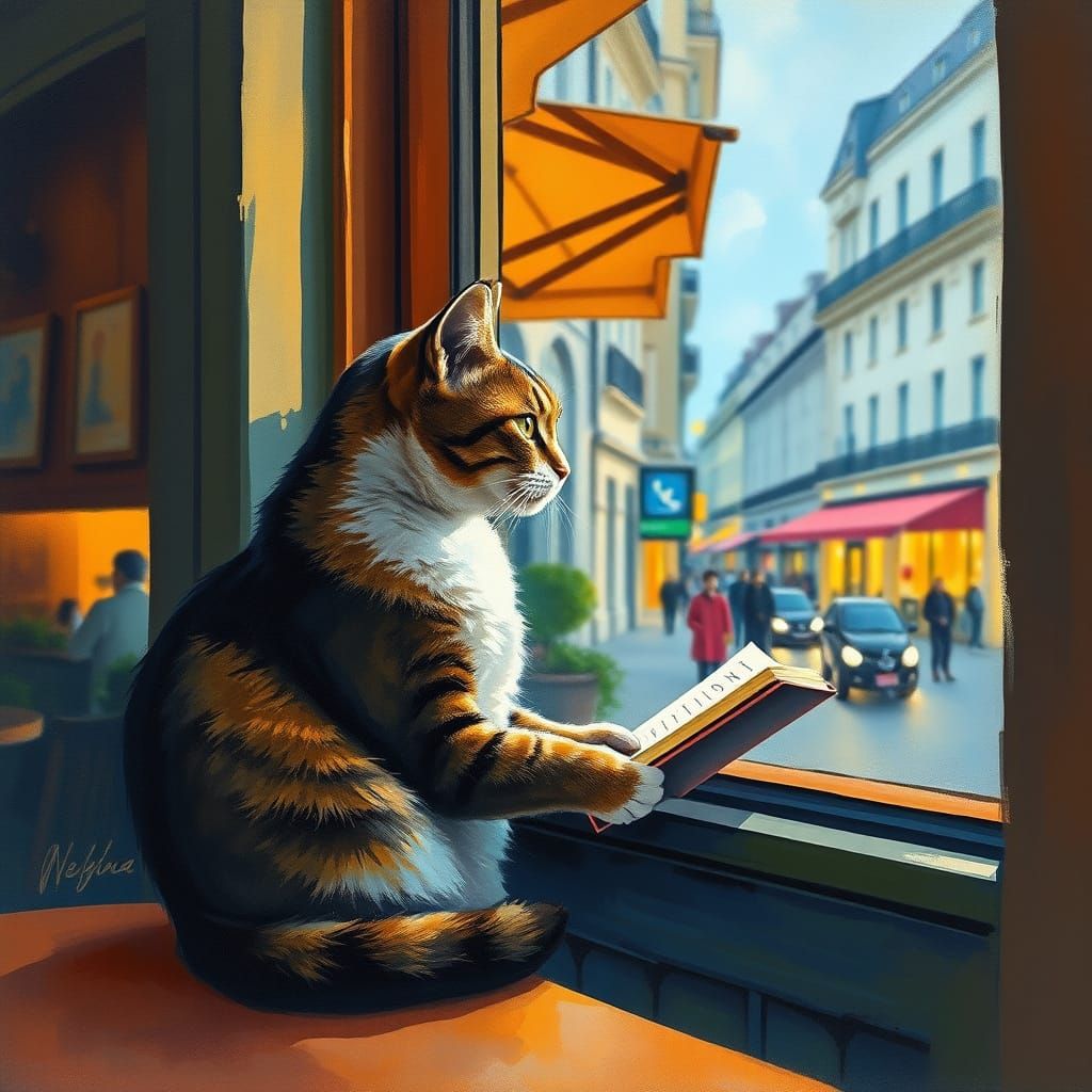 Cat Contemplating Artistic Genius in a Bustling European Str...