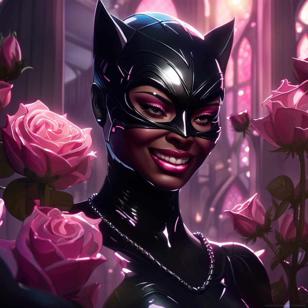 Black Catwoman Queen Smiling Among Pink Roses