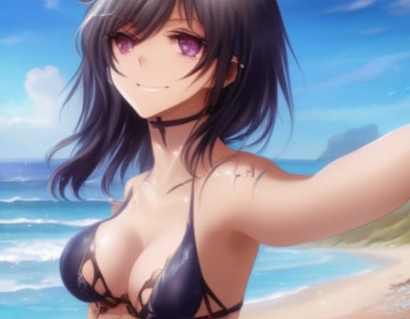 Cat Girl Selfie on a Sparkling Beach, Anime Art