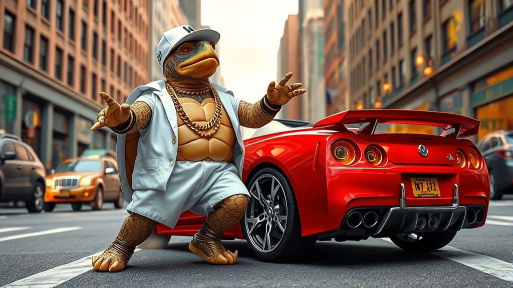 Hip Hop Turtle Singer in City Street Scene