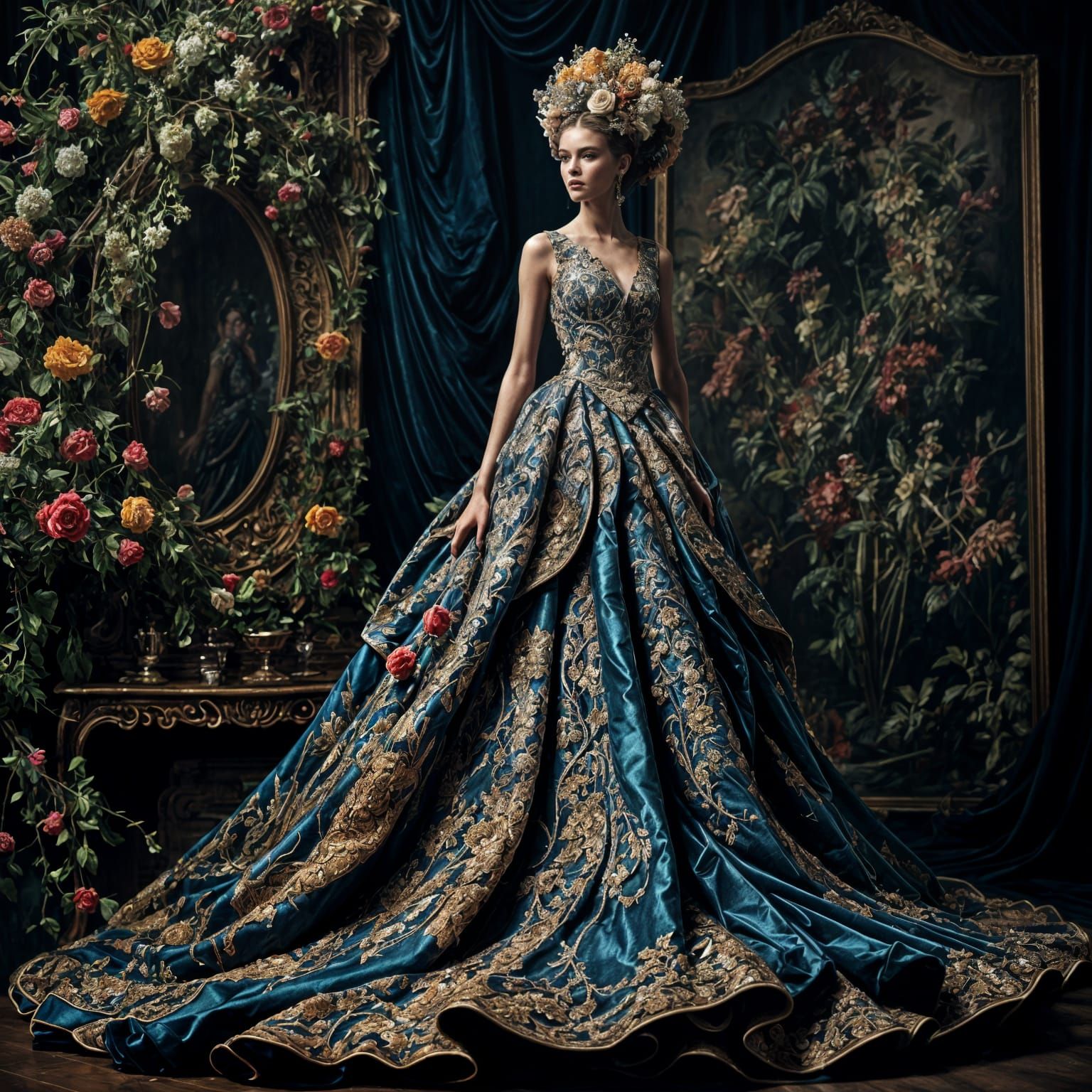 Avant-Garde Haute Couture Gown on Dark Catwalk