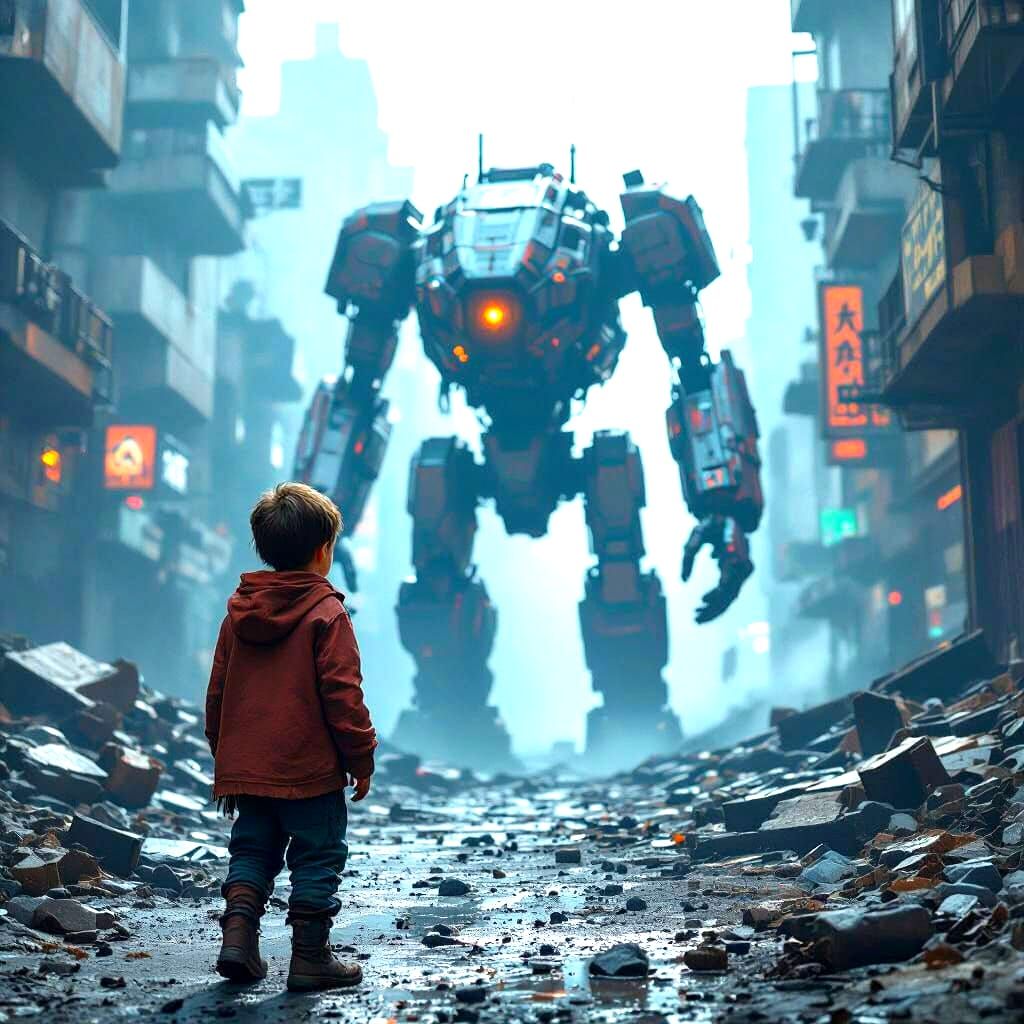 Young Boy in Poverty in a Broken Futuristic World