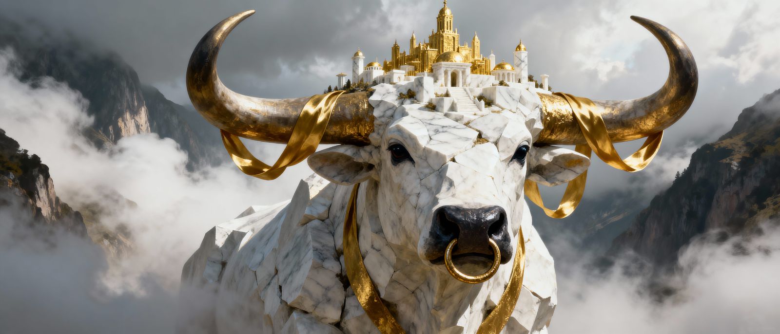 Giant Bull Sculpture with Golden Marble City in Misty Valley