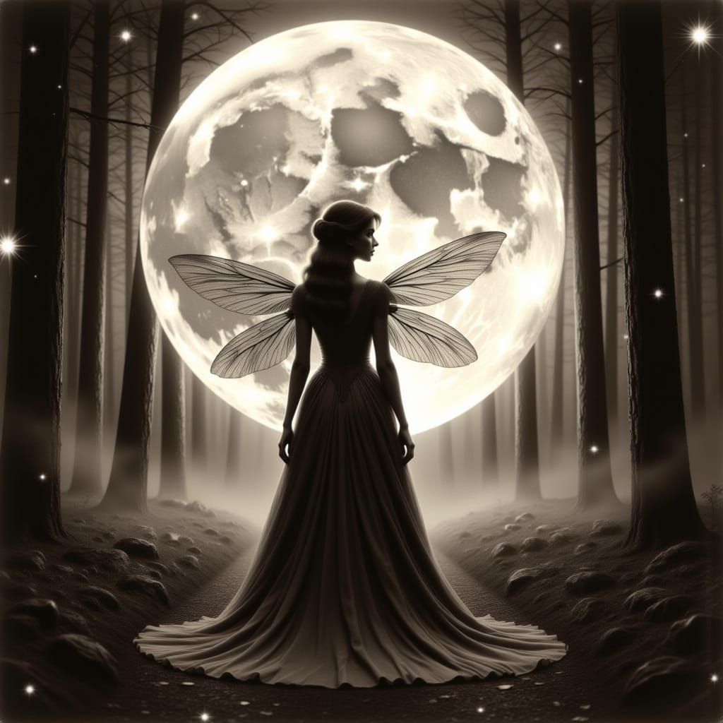 Ethereal Fairy Silhouette Under Moon in Sepia Tone