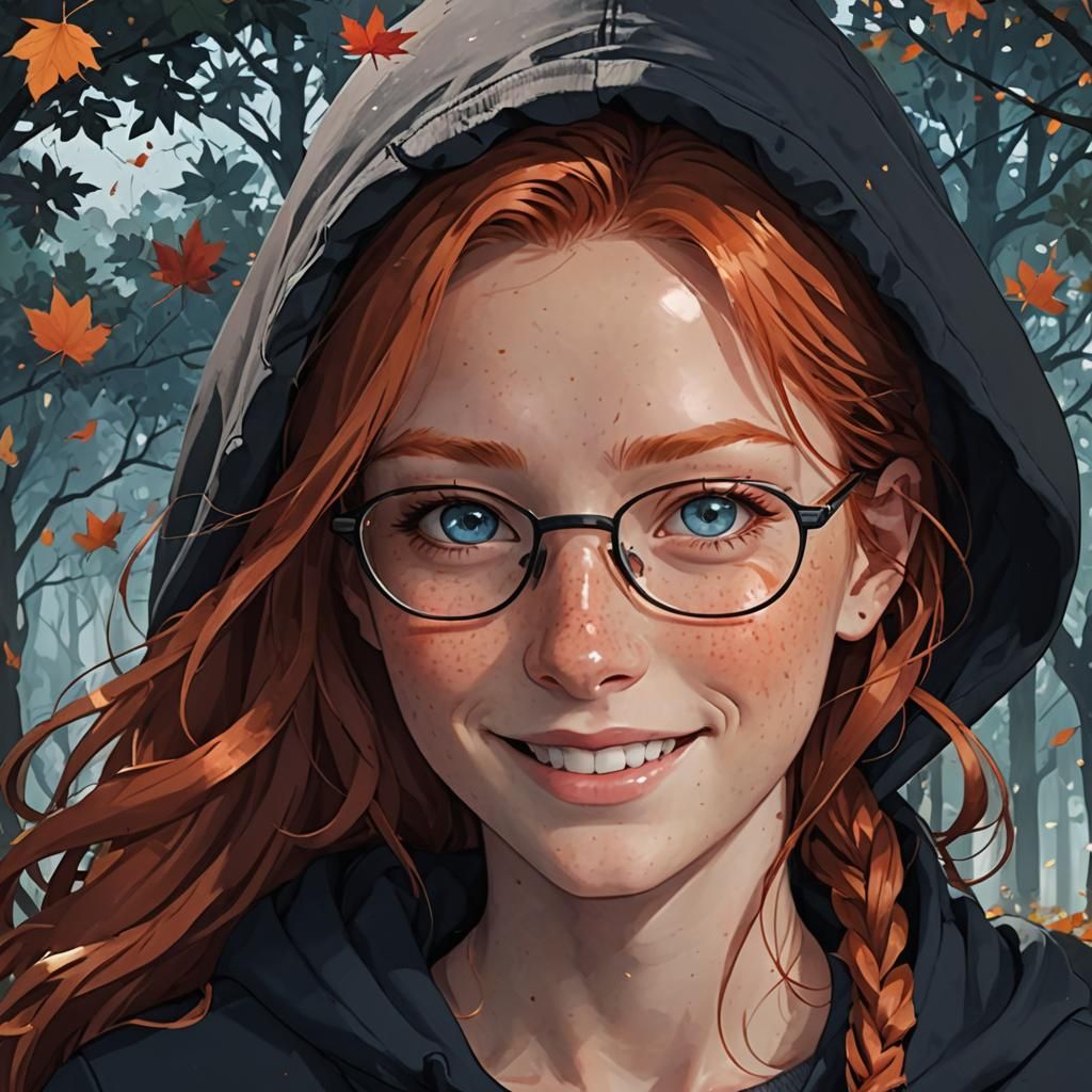 Anime Portrait of Redhead with Fall Leaves