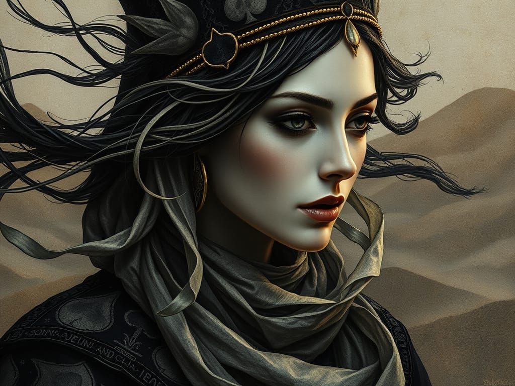 Mystic Nomad Sorceress in Windswept Desert Art Nouveau Portr...
