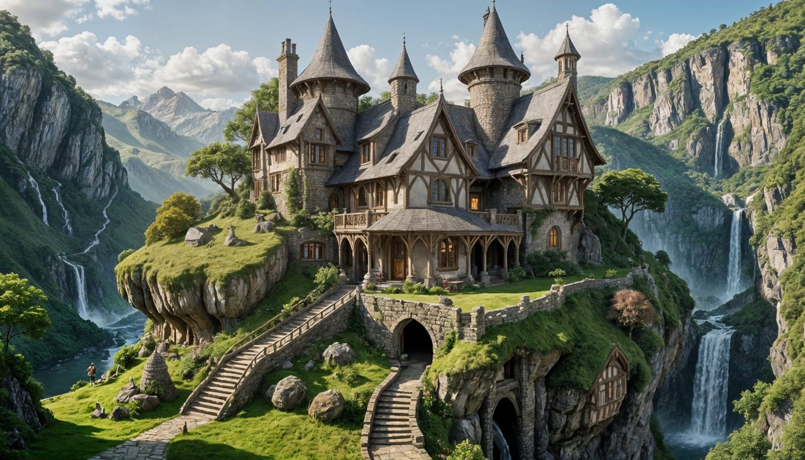 Ethereal Elven Cottage Amidst Cliffside Waterfall