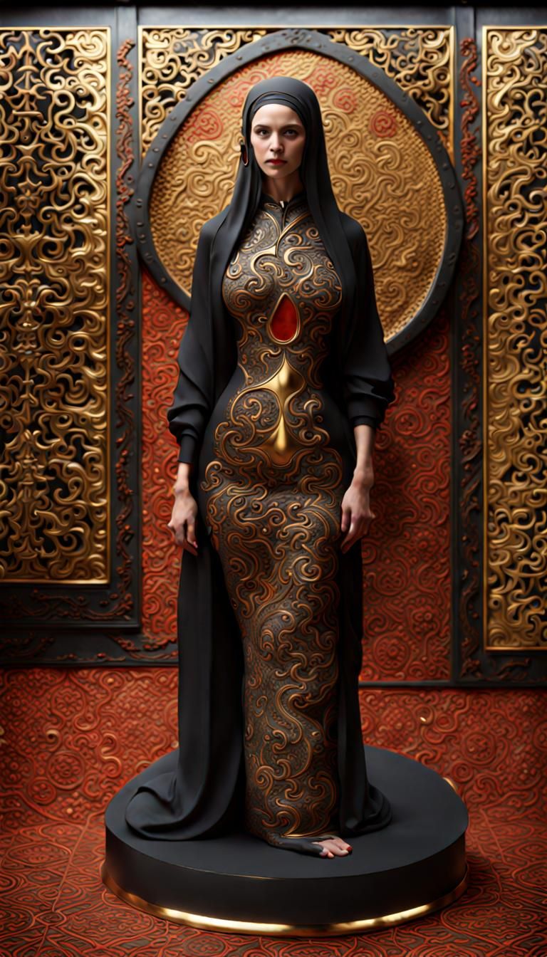 A woman made of black porcelain covered in gold and red inlay arabesque pattern. Massive forge in background. Photoreali...