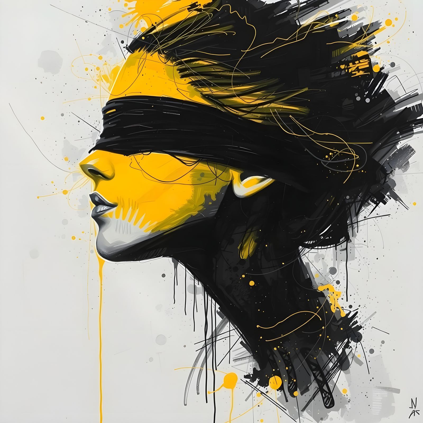 Blindfolded Woman in Black, White, and Yellow Inks