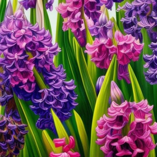 Colorful Hyacinths in Pre-Raphaelite Oil Painting